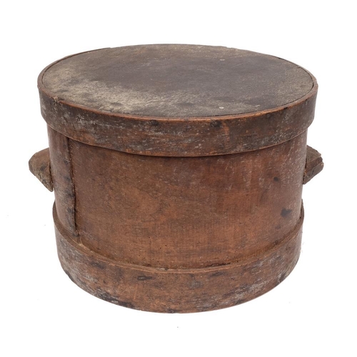 40 - A circular drum-shaped twin-handled wood butter churn and cover:, 38cm diameter.