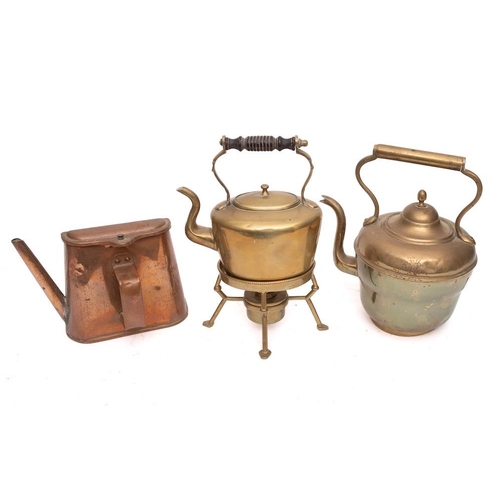 420 - A 19th Century copper bar-grate half kettle:, a brass oval tea kettle on a stand and a circular bras... 