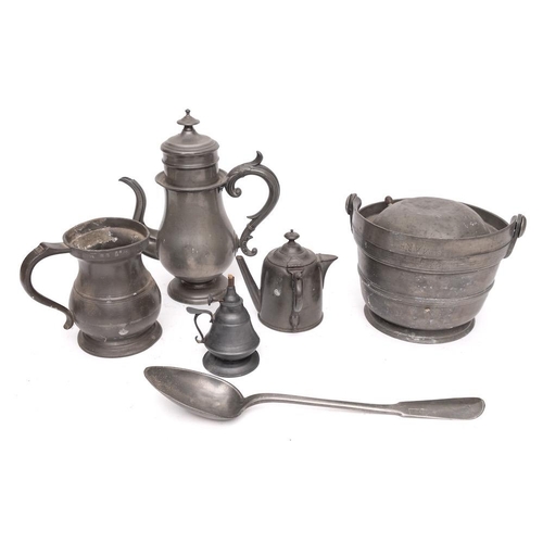 421 - A pewter quart baluster tankard: by Yates and Birch, a pewter baluster coffee pot, a pewter swing-ha... 