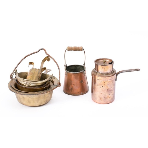 426 - A copper cylindrical pot: with liner and cover, having iron handle, a small copper and tinned pail, ... 