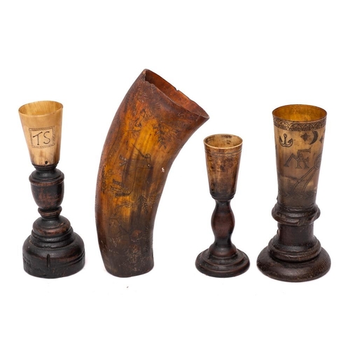 436 - A 19th Century horn stem cup: bearing initials T.S., on turned wood base, 20.5cm high, a beaker, scr... 