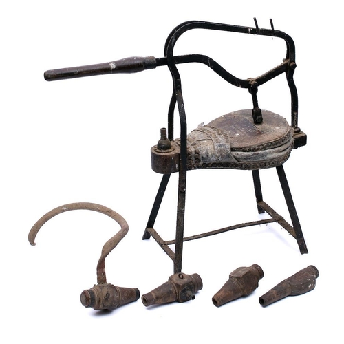 439 - A 19th Century French iron, wood and leather bellows:, the bellows operated by a single turned wood ... 