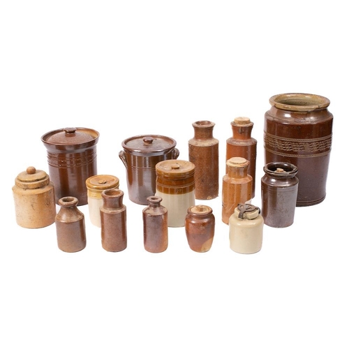 471 - A collection of various brown glazed stoneware storage jars: and ink bottles. (16)