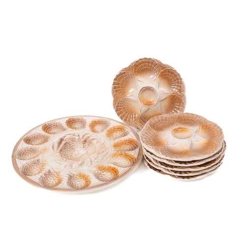 487 - A Sarreguemines brown and cream glazed oyster set: with circular serving dish, 38cm diameter and six... 