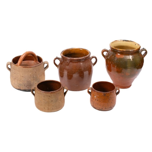 496 - Five French pottery comfit jars: and a small jar with overhead handle. (6)