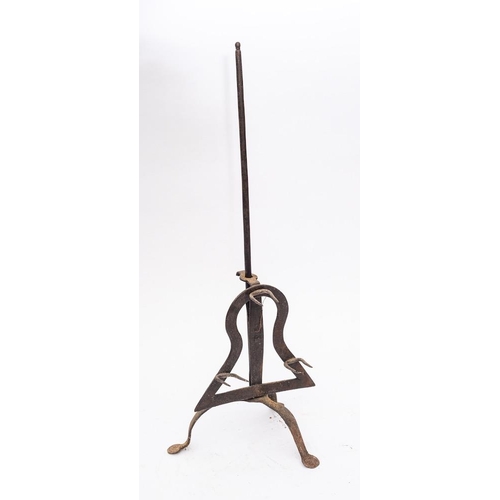 95 - An early 19th Century iron bar-grate lark spit:, the three twin prongs mounted on a bell-shaped fram... 