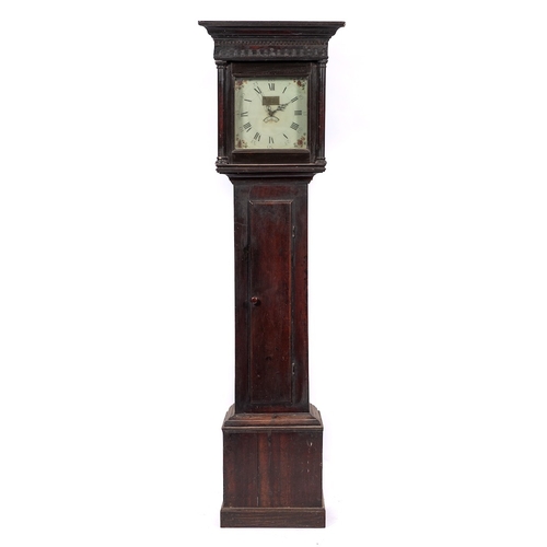 446A - Chas. Raymond, Lydeway, an oak longcase clock: the thirty-hour birdcage movement with turned pillars... 