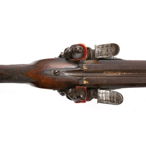 138 - A 19th century  double barrel flintlock shotgun,: the 35 inch two stage barrels with remains of gilt... 