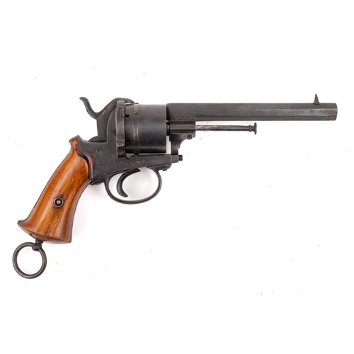 157 - An early 20th century Belgian 6 shot pinfire revolver: 6 inch octagonal barrel with foresight, plain... 