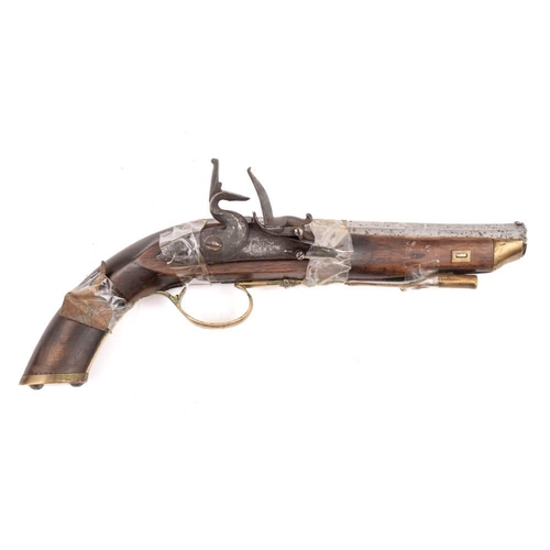 159 - A 19th century flintlock pistol by Roberts?: the 7 1/2 inch octagonal  barrel stamped with proof mar... 