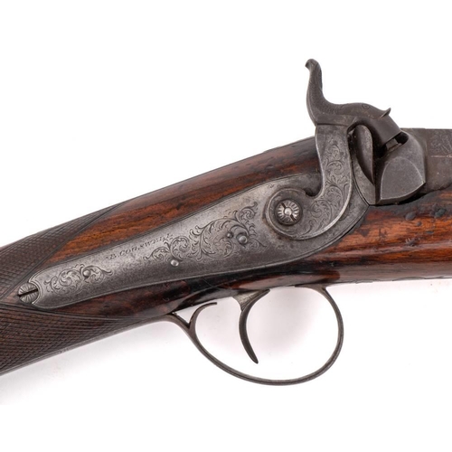 162 - A 19th century 10 bore percussion cap shotgun by B Cogswell:, the 39 inch three stage Damascus barre... 