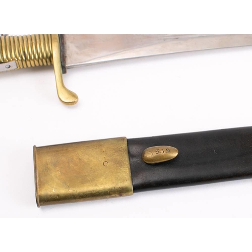 205 - A British pattern 1837 Brunswick sword bayonet:, the straight double edged blade over a  cast gilt b... 