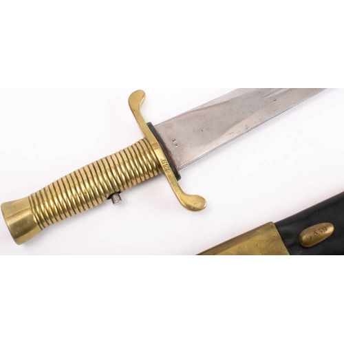 205 - A British pattern 1837 Brunswick sword bayonet:, the straight double edged blade over a  cast gilt b... 