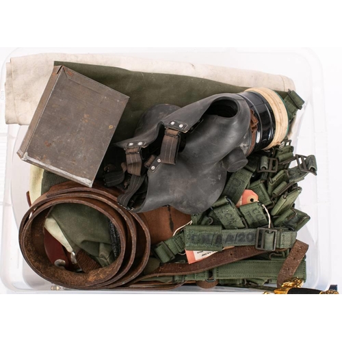 242 - A mixed assortment of militaria: to include browning machine gun ammunition box, webbing, kit bags, ... 