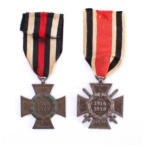 271 - A German Cross of Honour: stamped RV25 with Ribbon, together with a Cross of honour with Swords, sta... 