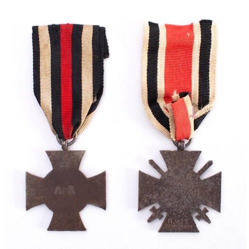 271 - A German Cross of Honour: stamped RV25 with Ribbon, together with a Cross of honour with Swords, sta... 