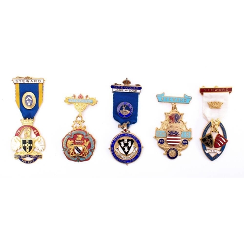 281 - Five assorted Masonic gilt and enamel Stewards Medals: relating to various institutions. (5).