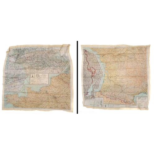 284 - Three WWII silk maps,:comprising 'Sheet A/B. France, Belgium, Holland', 'Sheet C/D Holland. Belgium.... 