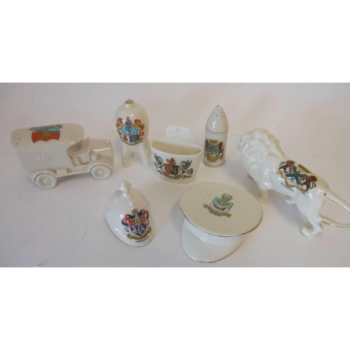 360 - W H Goss and others, seven Military and other crested china pieces: including army peak cap, infantr... 