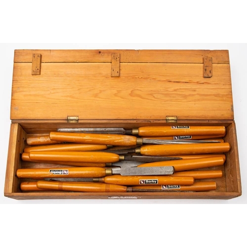 502 - A set of eighteen Sorby  wood turning chisels in a pine box: (appear to be unused, storage/age wear ... 