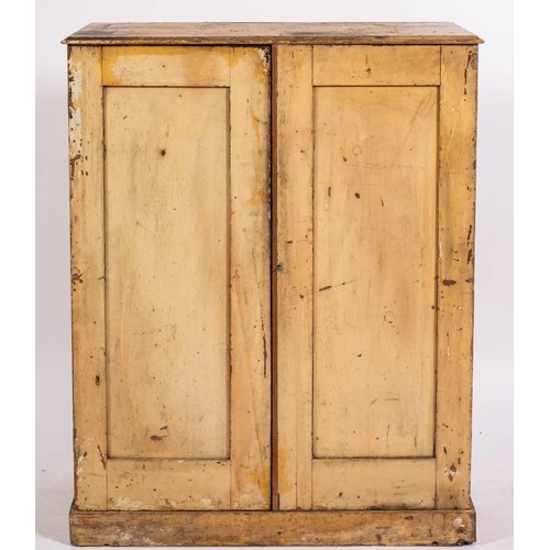 527 - An overpainted pine tool/collectors cabinet: the double panel doors enclosing an array of 28 short a... 