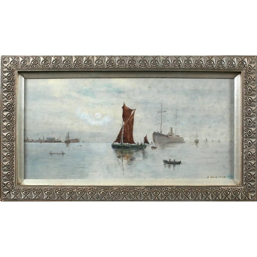 605 - E. E. Vokes 19/20th Century- Shipping in a calm,:- signed, watercolour, 22 x 44cm,  together with a ... 