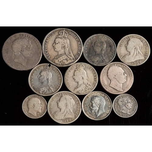 703 - An 1892 crown: 1819 crown, five Victorian halfcrowns, 1908 & 1820 shilling, 1836 halfcrown and 1914 ... 