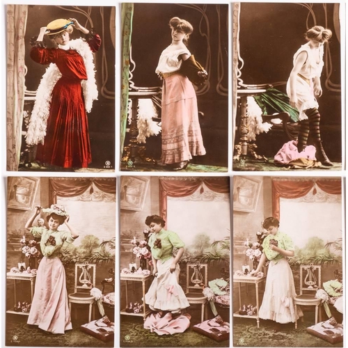 762 - Two sets of early 20th century French hand tinted photograph striptease postcards:.