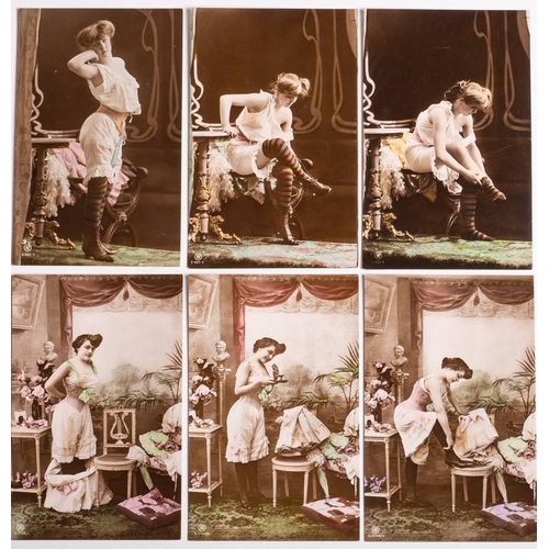 762 - Two sets of early 20th century French hand tinted photograph striptease postcards:.