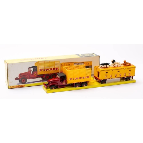 951 - French Dinky 881 'Pinder' GMC Truck and Trailer,: red with black plastic canvas concave hubs, yellow... 