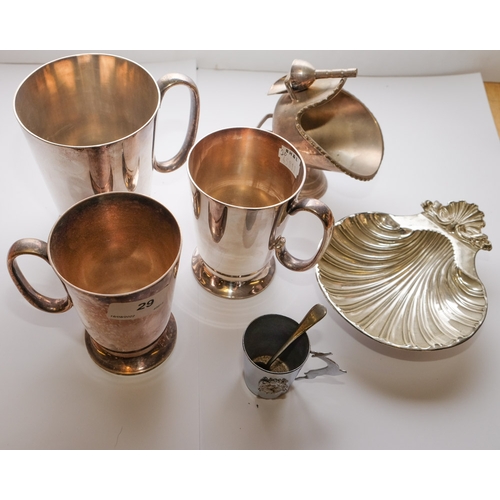 29 - Four assorted silver plated mugs, a twin branch candelabra, butter dish: etc.