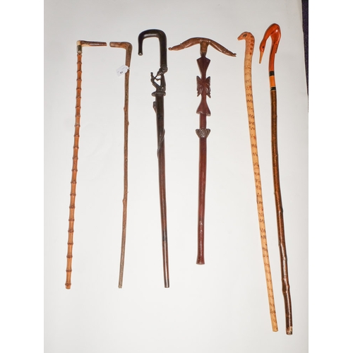 70 - A group of six assorted walking canes:, including African examples.