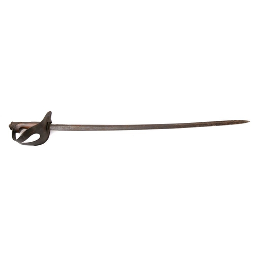 179 - A 19th century cavalry sword: the pipe backed blade over half basket hilt with wooden grip.