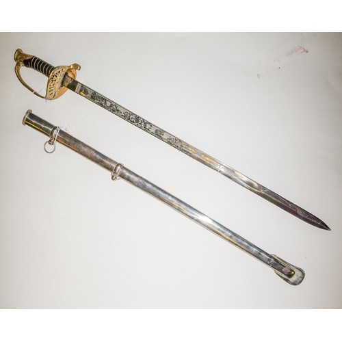 191 - A reproduction US Union Officer's sword: the straight single edged blade with militaria decoration o... 