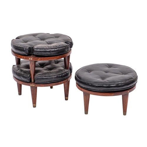 401 - A set of three stained hardwood and leatherette cushioned stacking stools, circa 1970s,: of circular... 