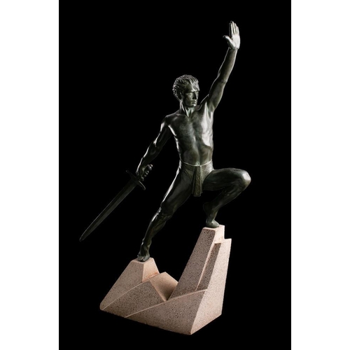 427 - After Max Le Verrier, 'The Challenge': an Art Deco bronzed metal semi nude male holding a sword and ... 