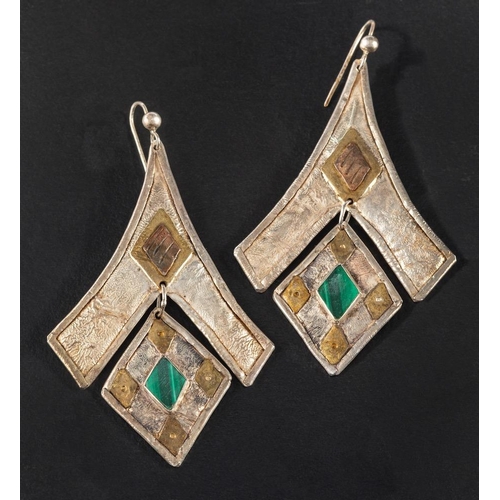 58 - A pair of malachite drop earrings,: stamped with maker's mark 'CCA', hook fittings, length ca. 8.2cm... 