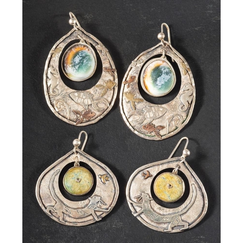 66 - Charmian Harris, two pairs of drop earrings,: one with ammonite pendants, the other with possibly tu... 