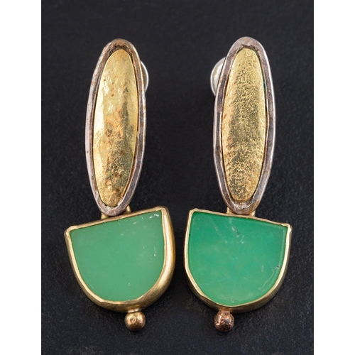 71 - Charmian Harris, a pair of silver, chrysophrase drop earrings,: stamped with maker's mark 'CH', hall... 