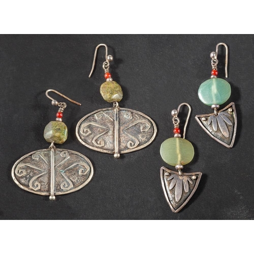 76 - Charmian Harris, two pairs of drop earrings,: one with green chalcedony beads, the other with green ... 