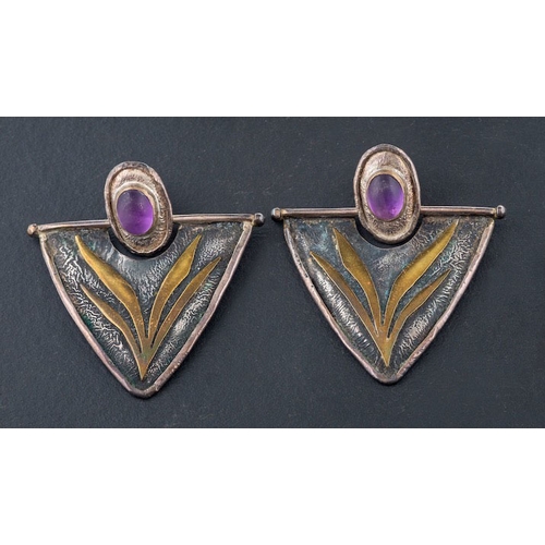 67 - Charmian Harris, a pair of cabochon-cut amethyst earrings,: stamped with maker's mark 'CH', post fit... 