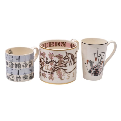 1086 - Two Wedgwood creamware mugs designed by Eric Ravilious and a Queen Elizabeth II Coronation mug by Ri... 