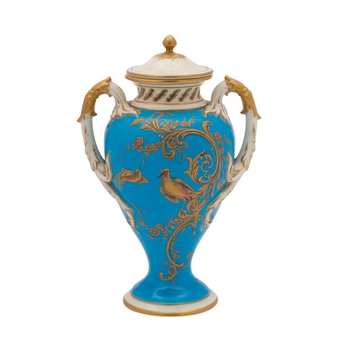 1088 - A Royal Worcester turquoise ground two-handled pot-pourri vase and cover: possibly decorated by Edwa... 