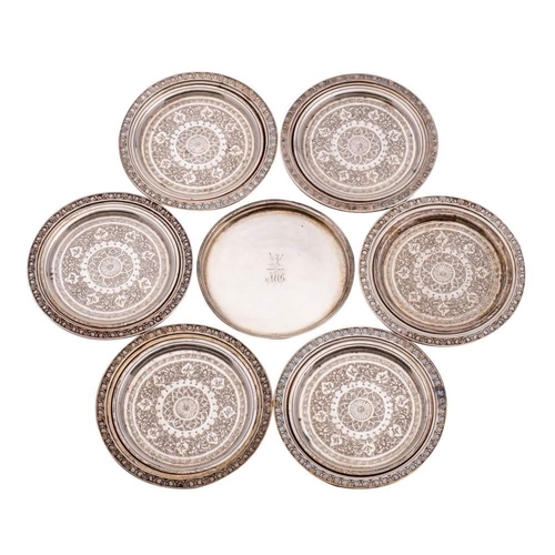 146 - A set of six German silver coasters, stamped marks: of circular outline with shell decorated borders... 