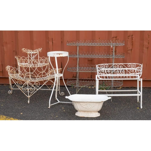 2361 - Three late Victorian wirework plant stands, late 19th century,: comprising a demi-lune stepped examp... 