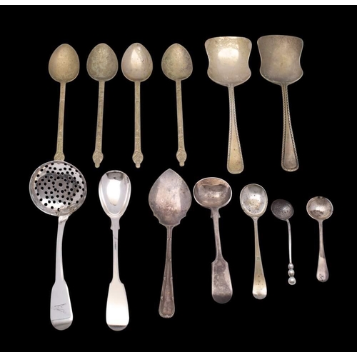 287 - A small collection of silver and plated flatware: includes silver sifting spoon, mustard spoon and t... 