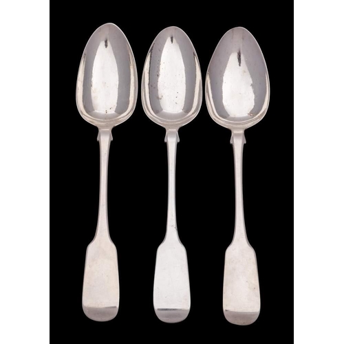 294 - Three Victorian provincial silver Fiddle pattern tablespoons, maker John Stone, Exeter, 1846: 219gms... 