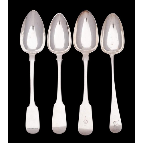 303 - Four provincial silver Fiddle pattern tablespoons, various Exeter makers and dates initialled some c... 