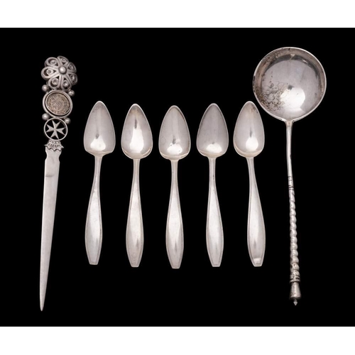 38 - An Imperial Russian silver spoon, stamped marks for 1879: with circular bowl and spiral twist handle... 