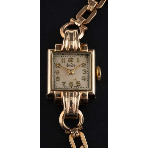 394 - A 9ct gold 'Star' Bentima wristwatch,: the square enamel dial with Arabic numerals and baton hands, ... 